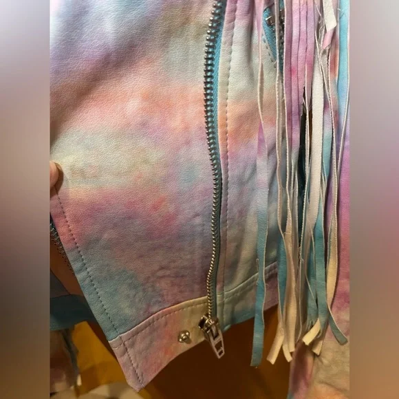 **RARE** Blank NYC Tie Dye Fringe Leather Moto Jacket - Picture 16 of 16